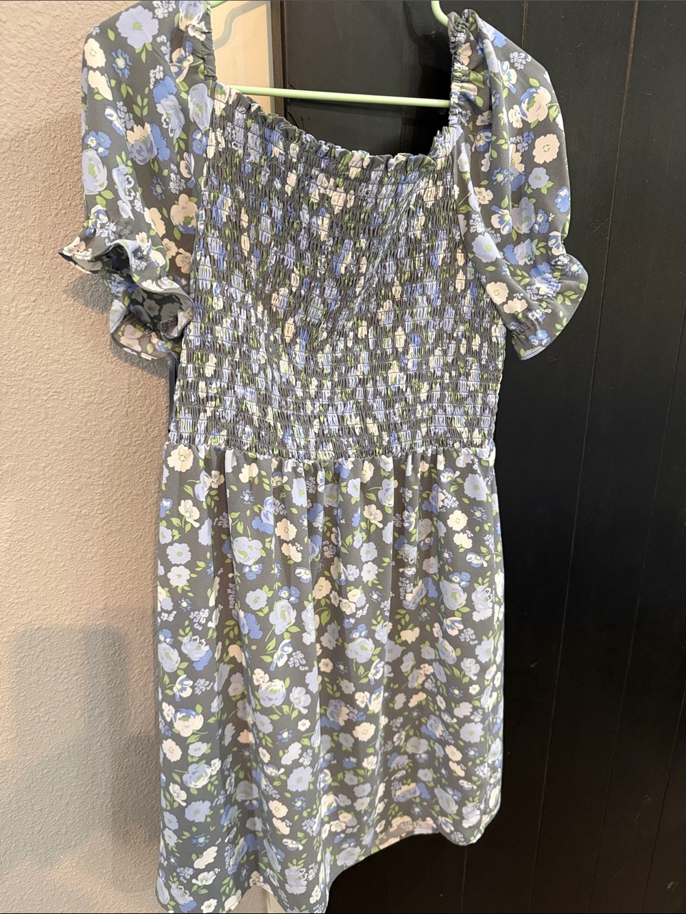 LOFT Gray Floral Smocked Sundress with Blue and White Flowers - Picture 2 of 3